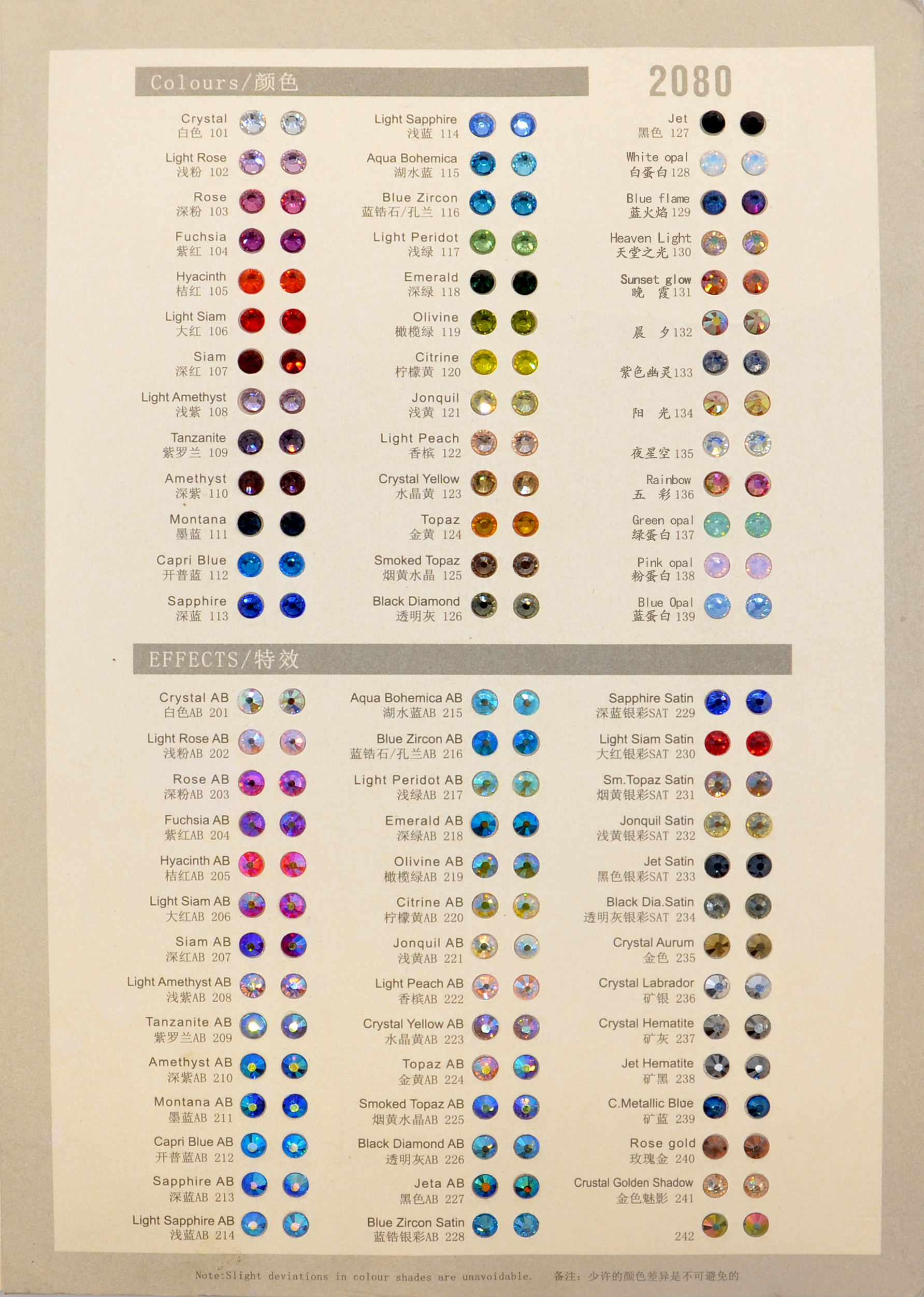 Flatback rhinestone color chart